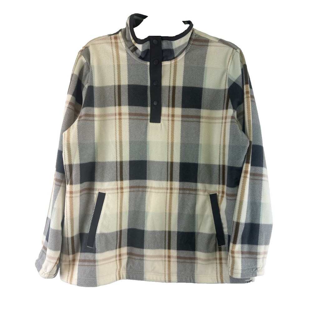 Duluth Trading Doubleback Plaid Fleece Pullover Quarter Snap Gray Cream Women XL